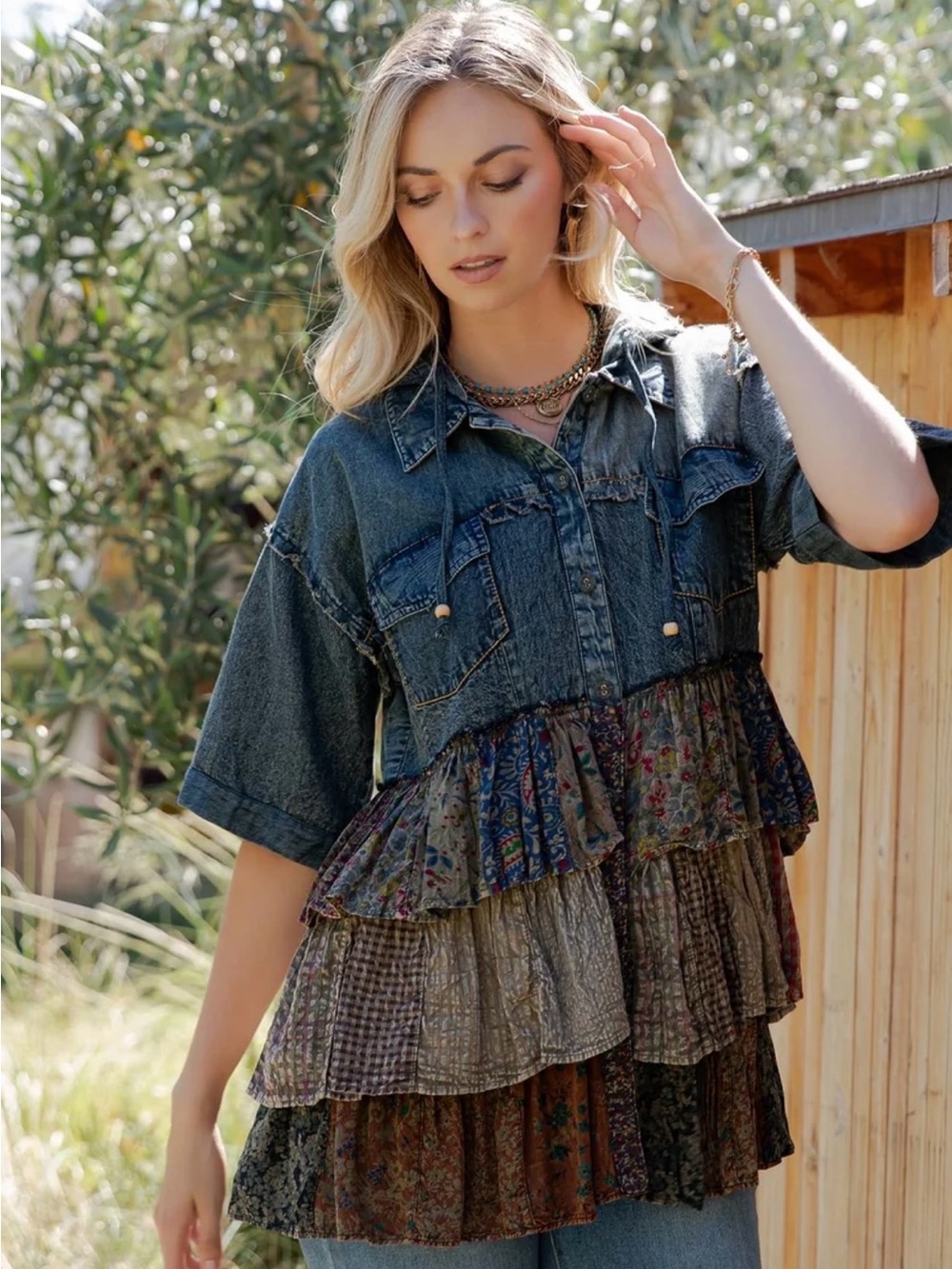 Young Threads NWT Denim Hooded Boho Shirt with Mixed Patchwork Ruffles Size L